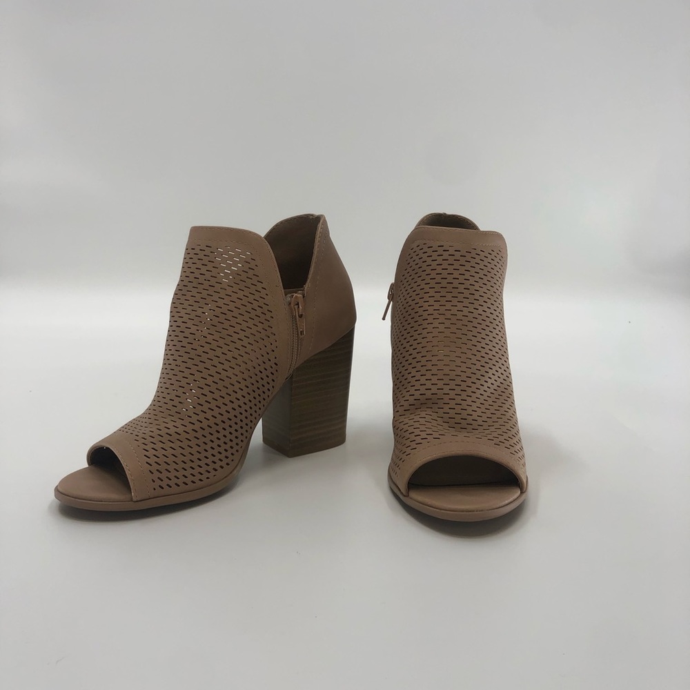 Soda tan open toed bootie heels